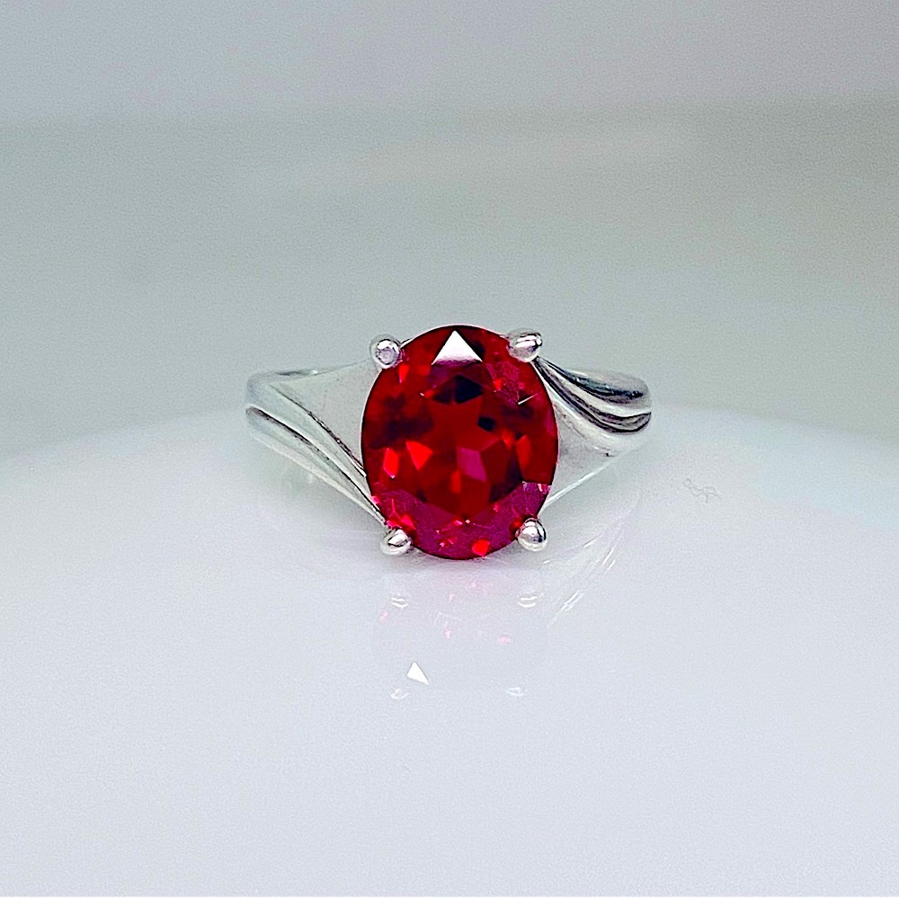 Vintage Sterling Silver Created Ruby Oval Faceted Ring